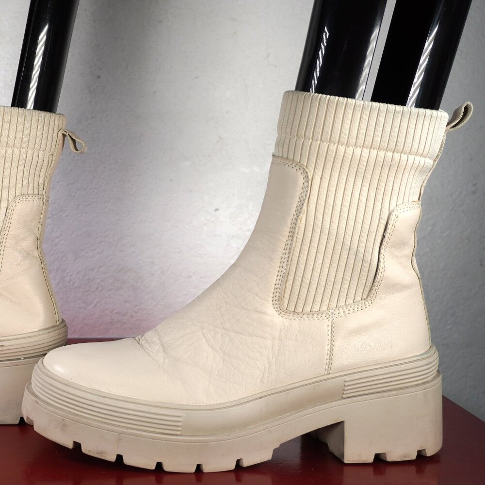 Women's Vintage Havana White Leather Ankle Mid-Calf Platform Fashion Boots 7.5